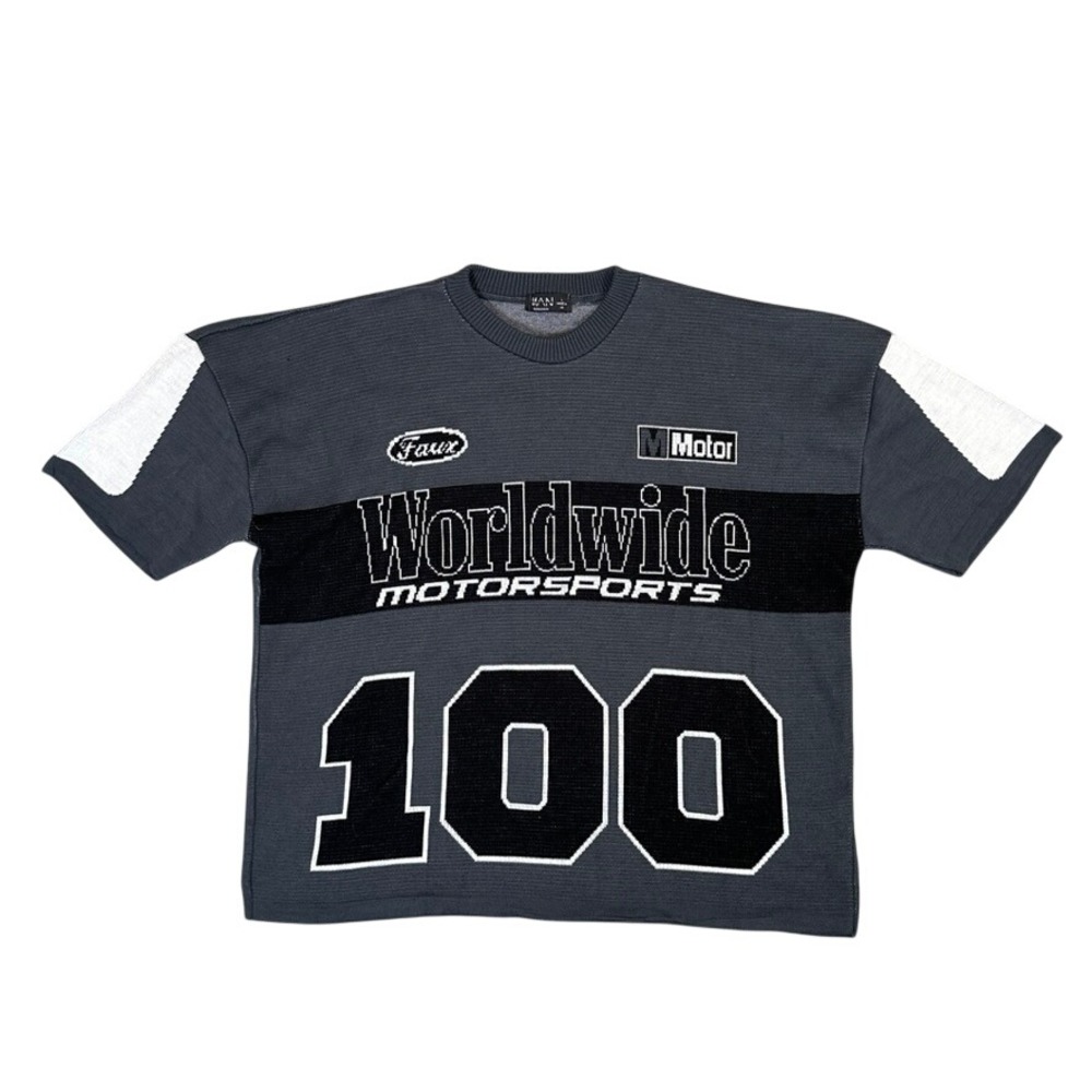 boohooMAN Mens Worldwide Motorsports Knit Sweater Grey Black Short Sleeve Large